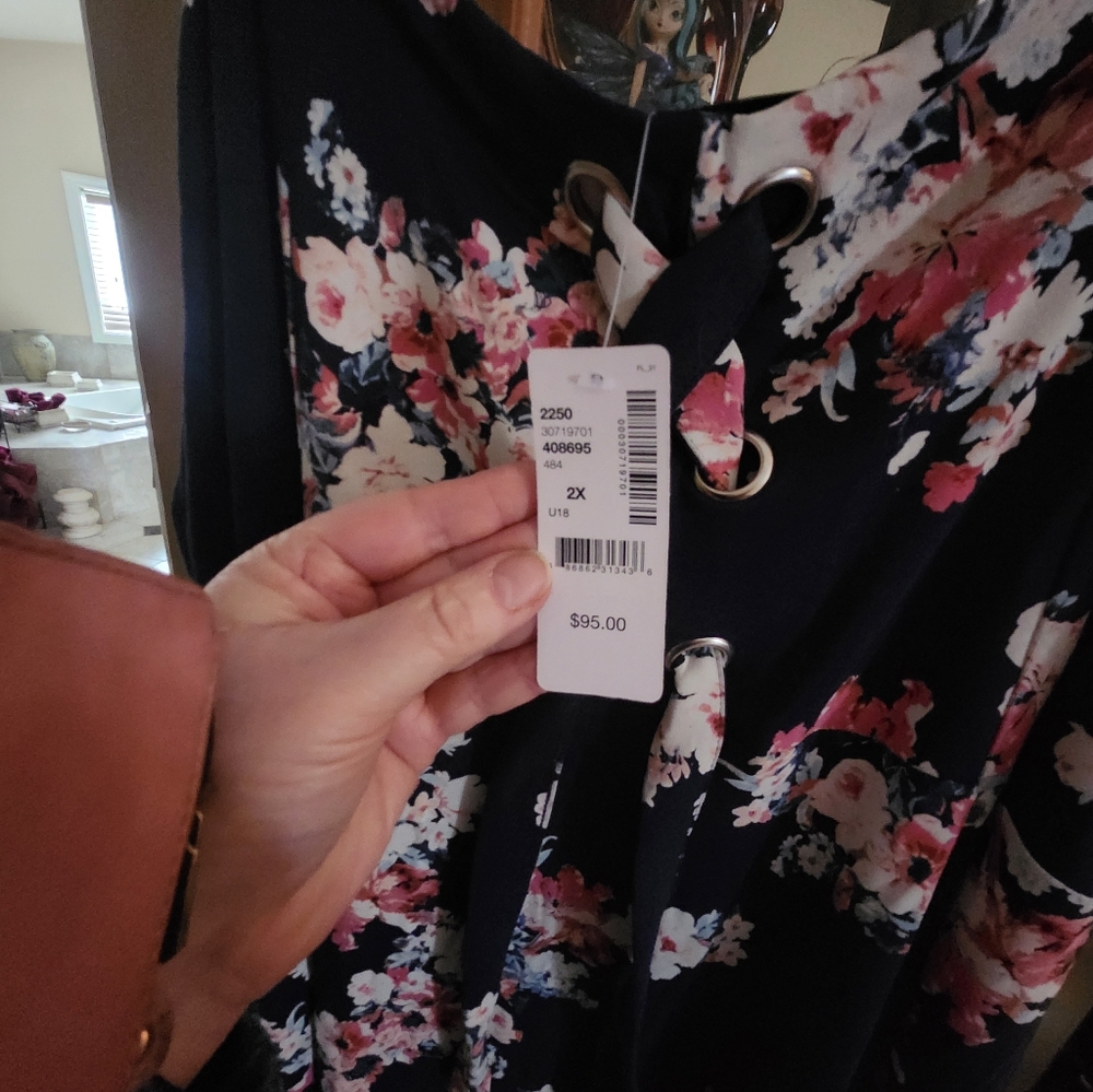Michel Studio Navy Floral Dress with Pink and White Flowers. - Picture 6 of 8